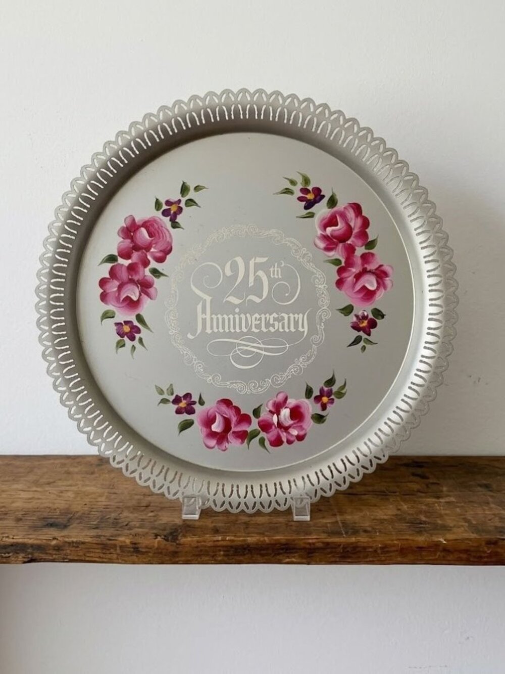 Vintage Nashco Hand Painted 25th Anniversary Tray Roses Silver MCM Round Metal